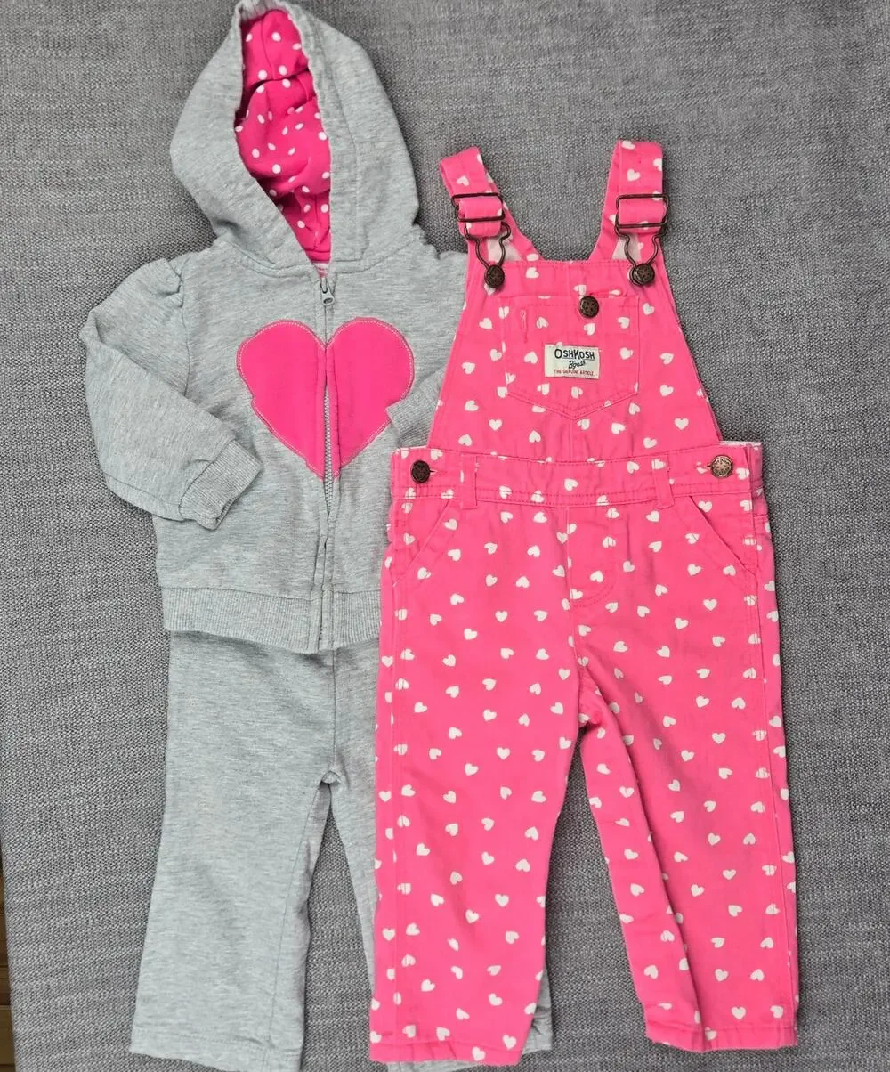 OshKosh Bgosh Pink Heart Overalls & Carters Gray Heart Hoodie Track Pants Set